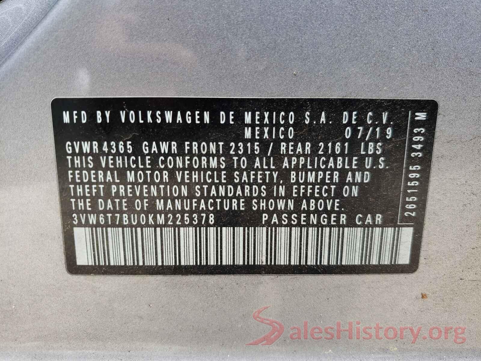 3VW6T7BU0KM225378 2019 VOLKSWAGEN JETTA