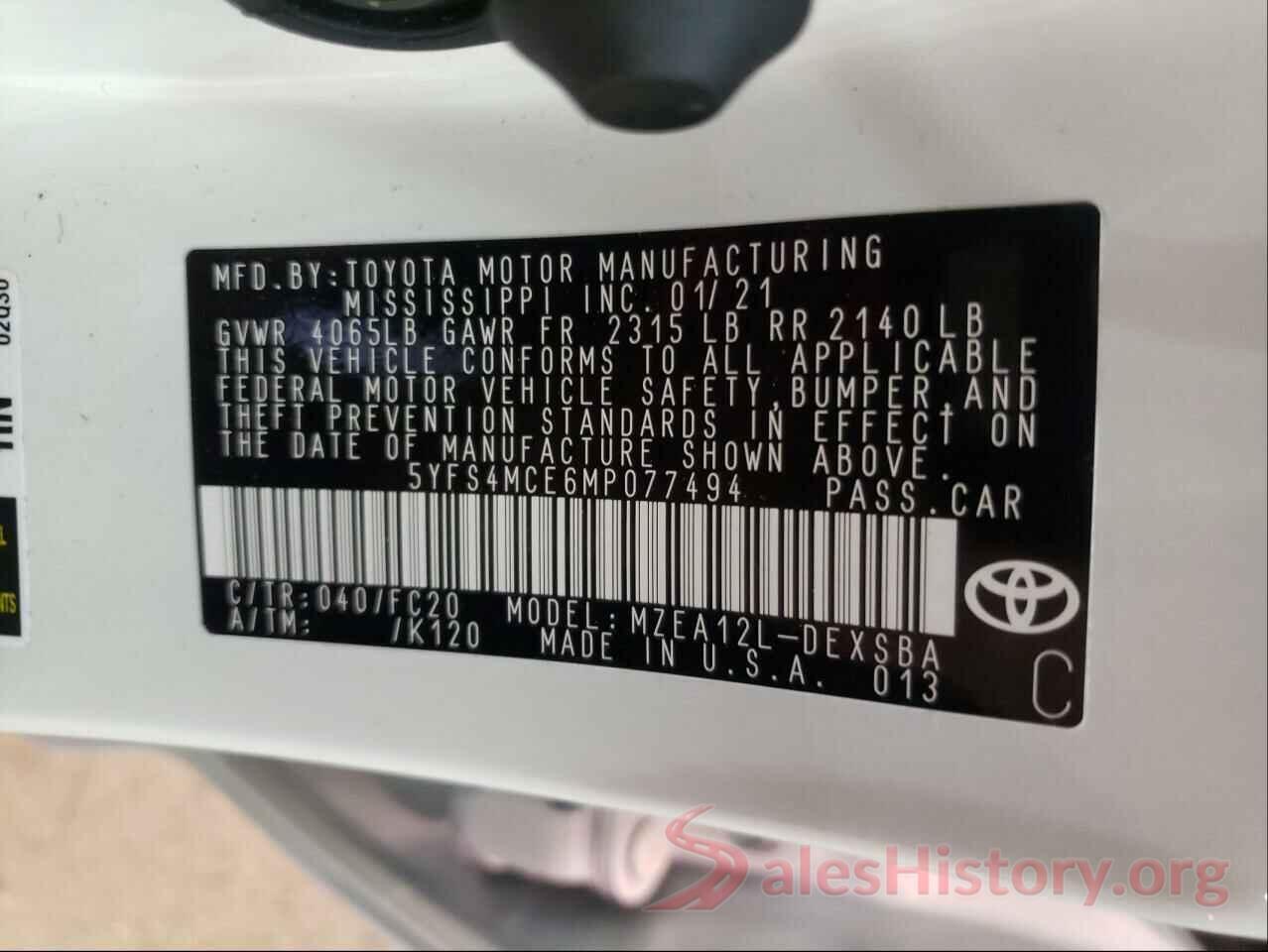 5YFS4MCE6MP077494 2021 TOYOTA COROLLA