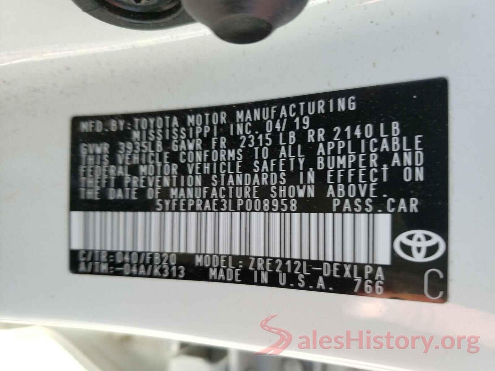 5YFEPRAE3LP008958 2020 TOYOTA COROLLA