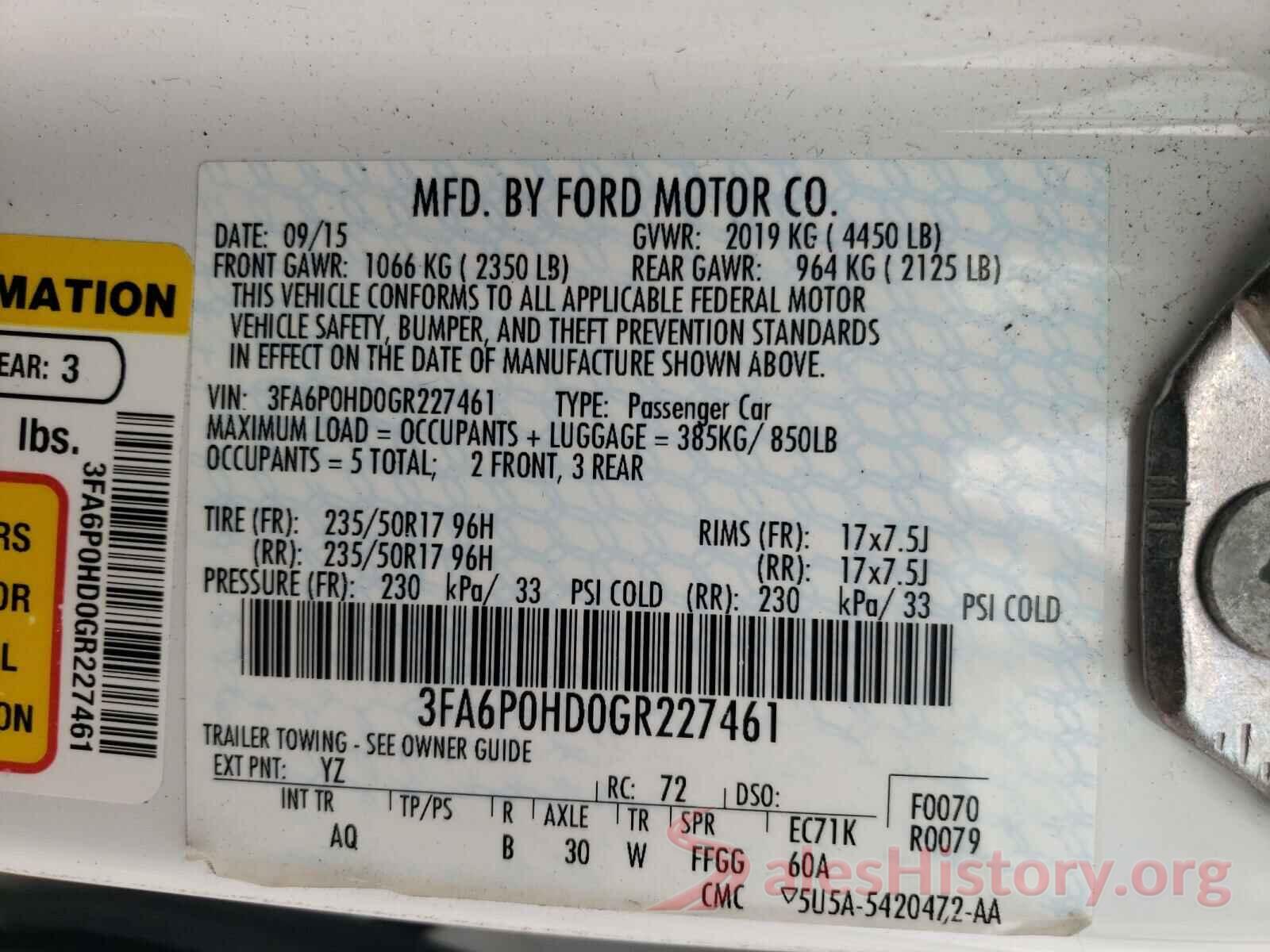 3FA6P0HD0GR227461 2016 FORD FUSION