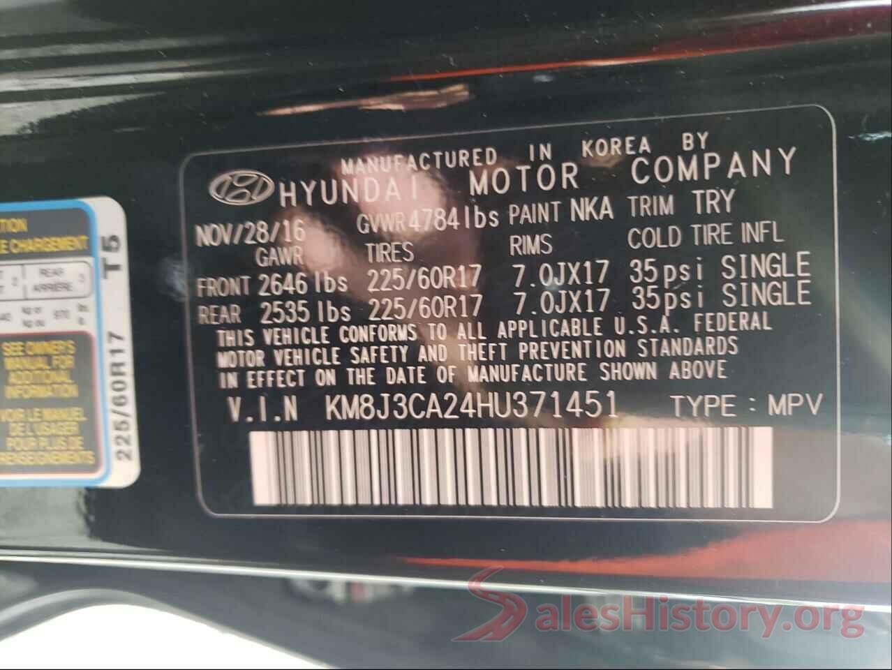 KM8J3CA24HU371451 2017 HYUNDAI TUCSON