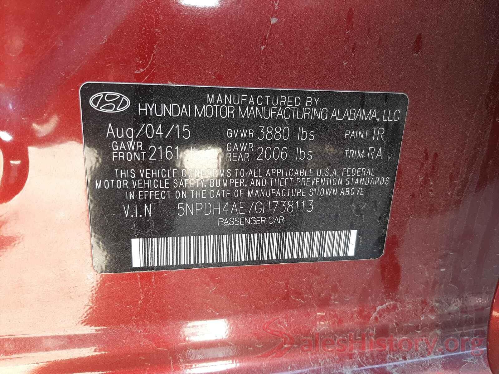 5NPDH4AE7GH738113 2016 HYUNDAI ELANTRA