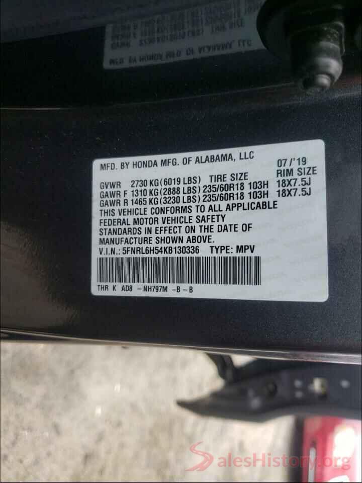 5FNRL6H54KB130336 2019 HONDA ODYSSEY