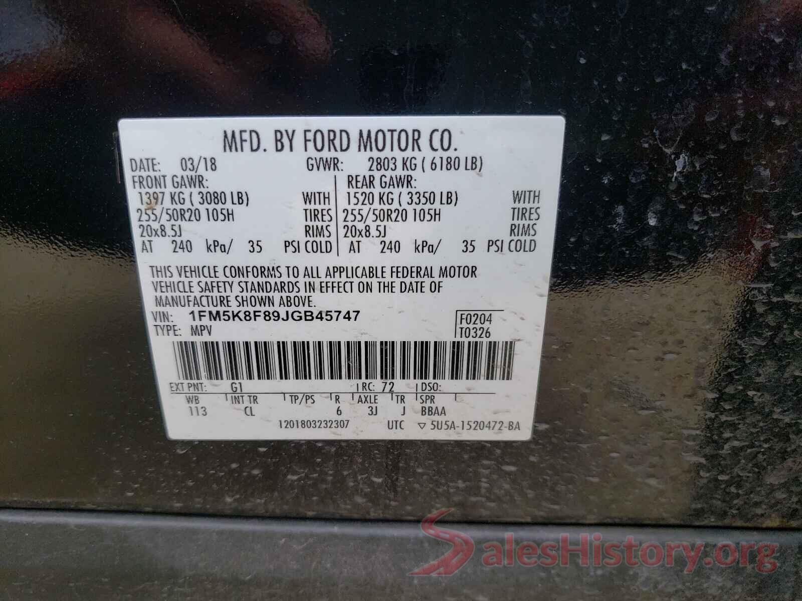 1FM5K8F89JGB45747 2018 FORD EXPLORER