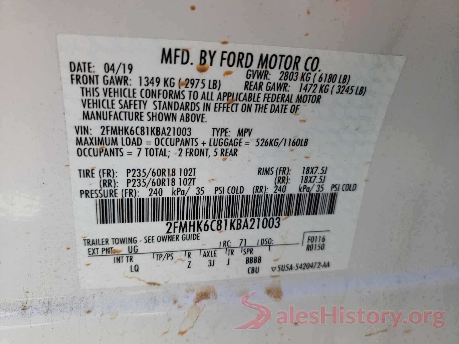 2FMHK6C81KBA21003 2019 FORD FLEX