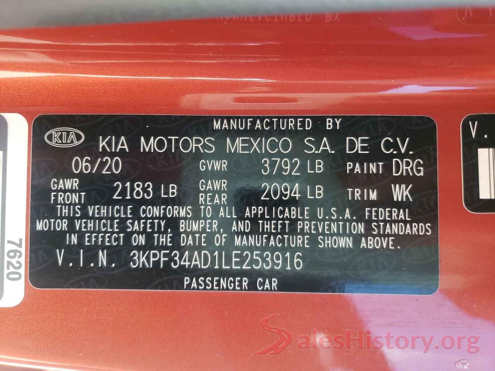 3KPF34AD1LE253916 2020 KIA FORTE