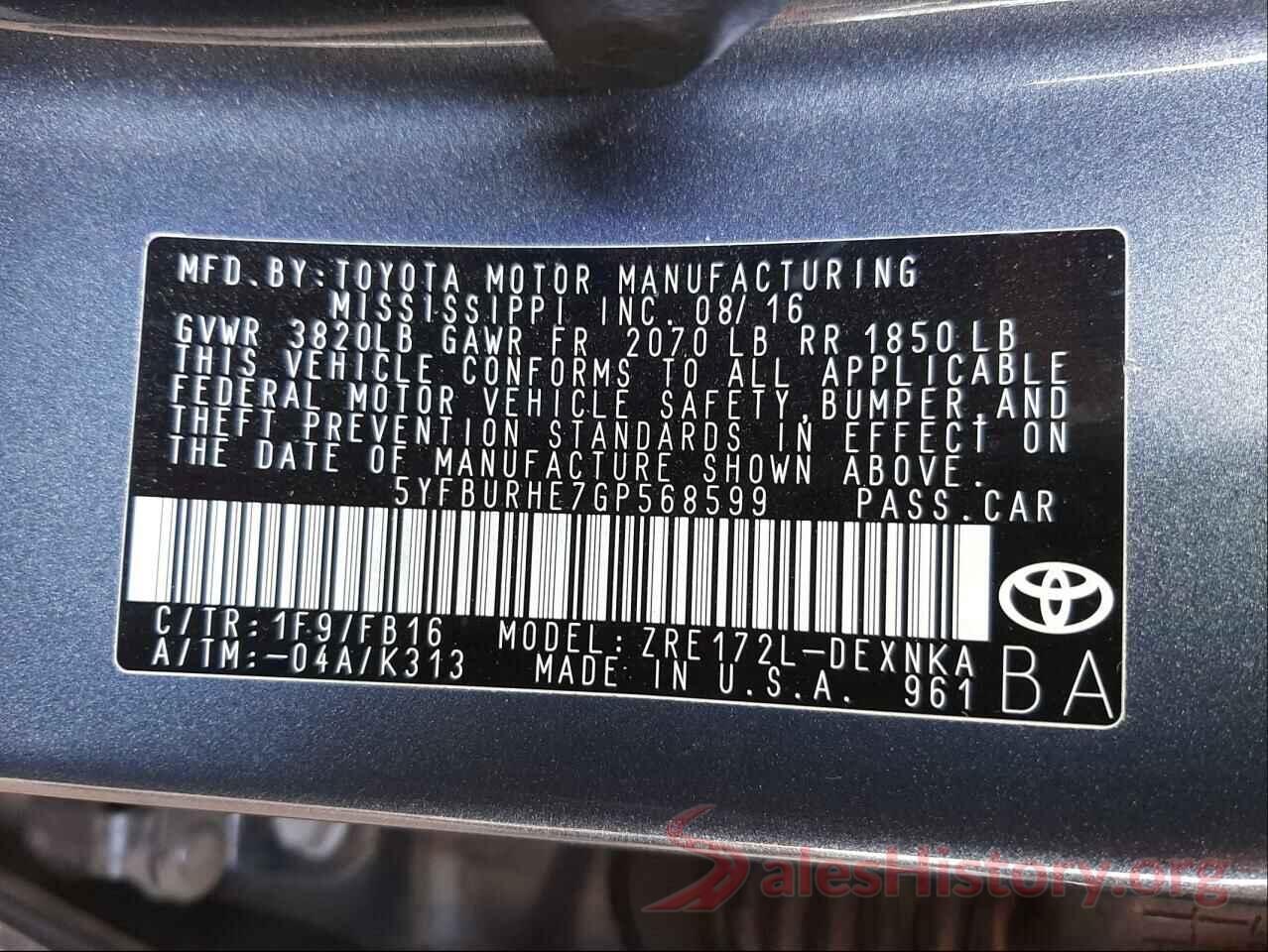 5YFBURHE7GP568599 2016 TOYOTA COROLLA