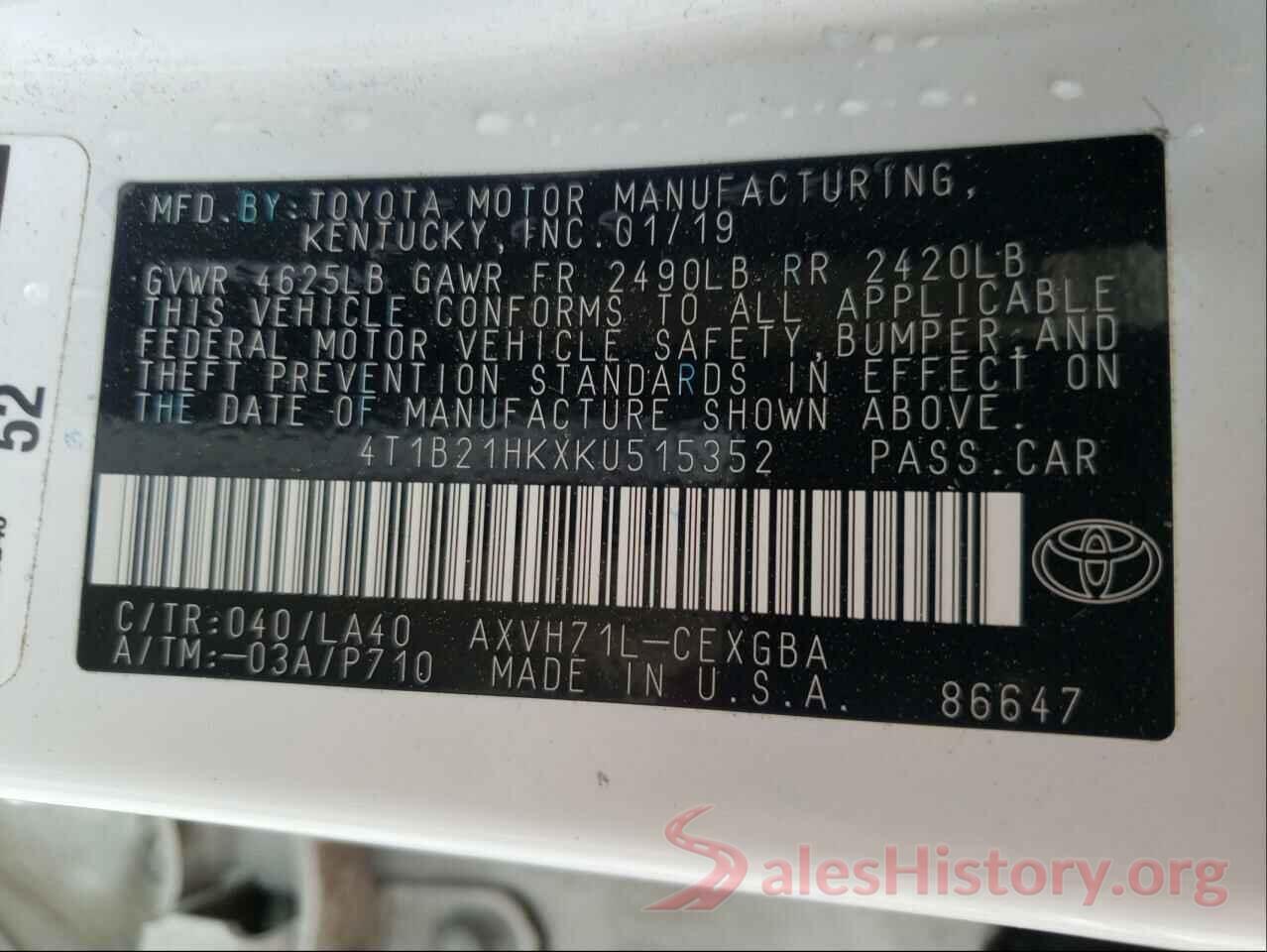 4T1B21HKXKU515352 2019 TOYOTA CAMRY