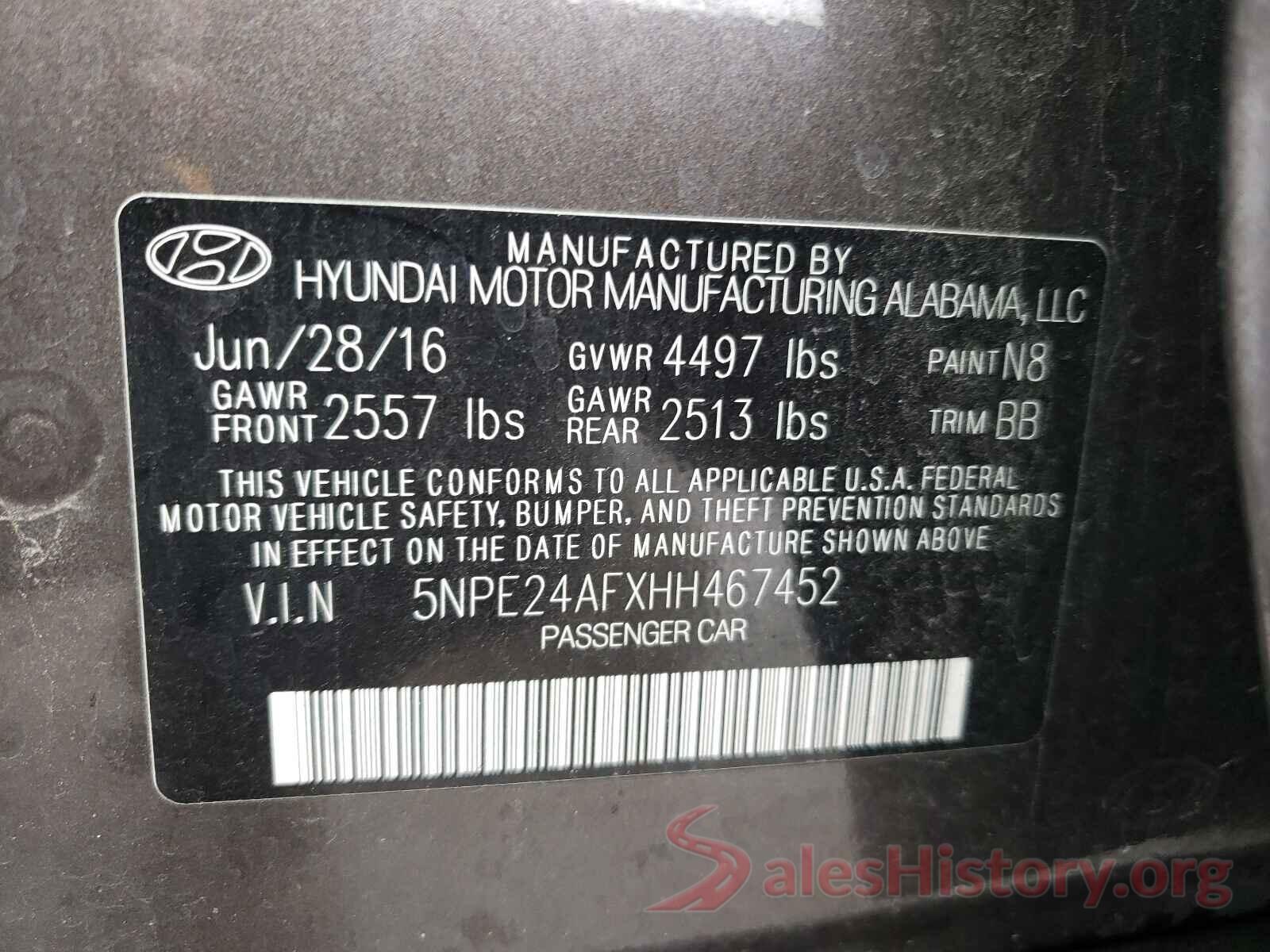 5NPE24AFXHH467452 2017 HYUNDAI SONATA