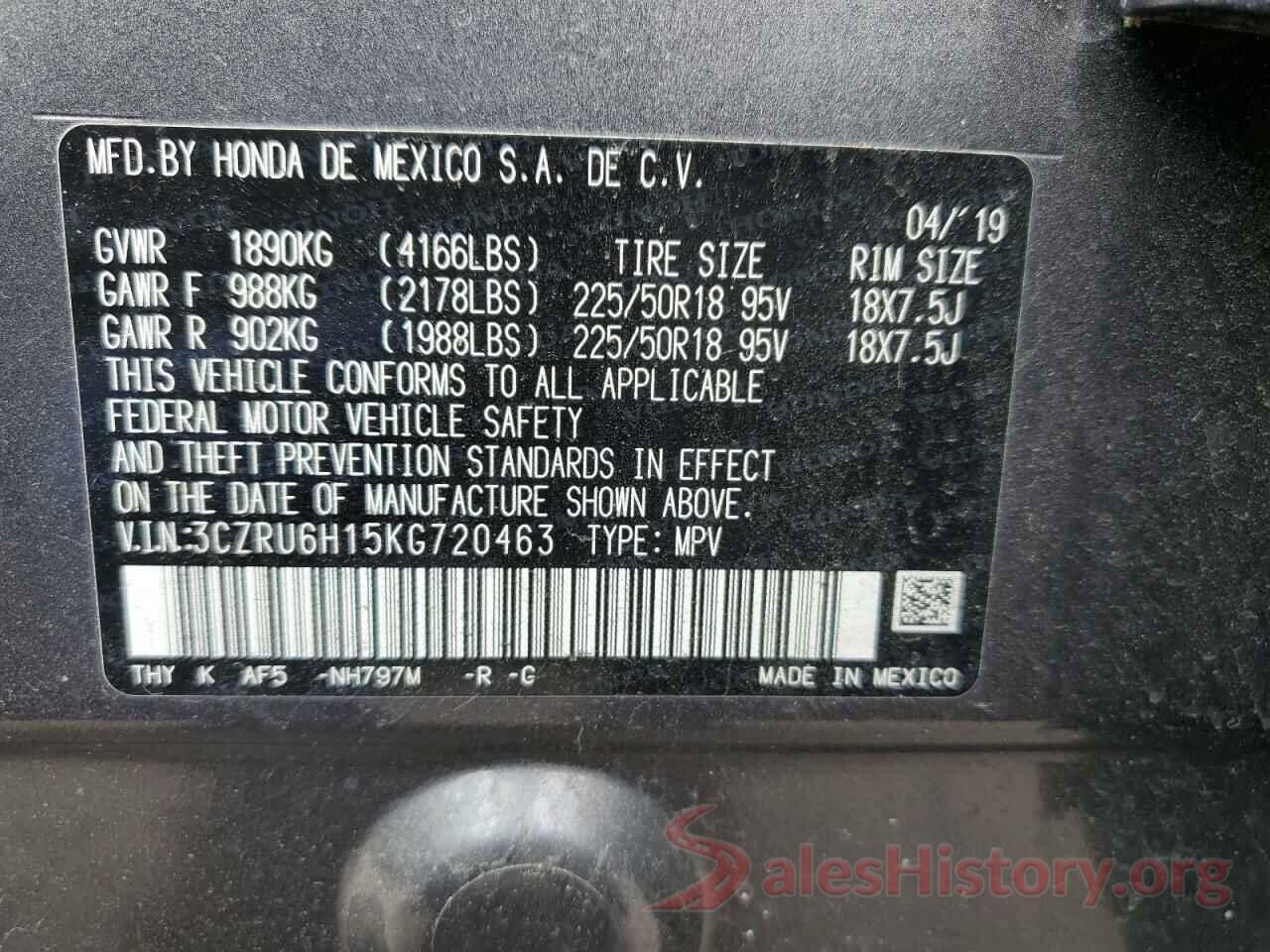 3CZRU6H15KG720463 2019 HONDA HR-V