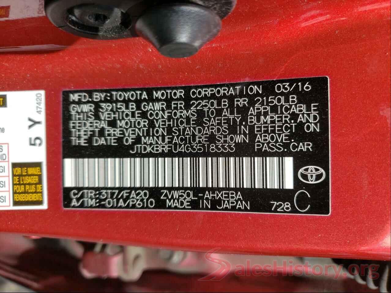 JTDKBRFU4G3518333 2016 TOYOTA PRIUS