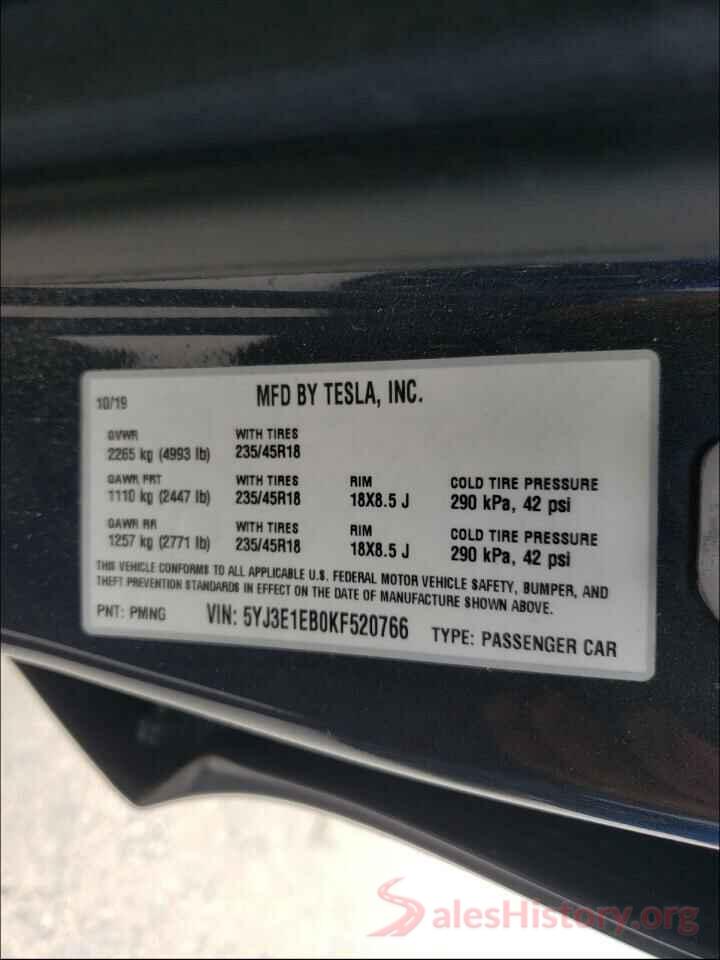 5YJ3E1EB0KF520766 2019 TESLA MODEL 3