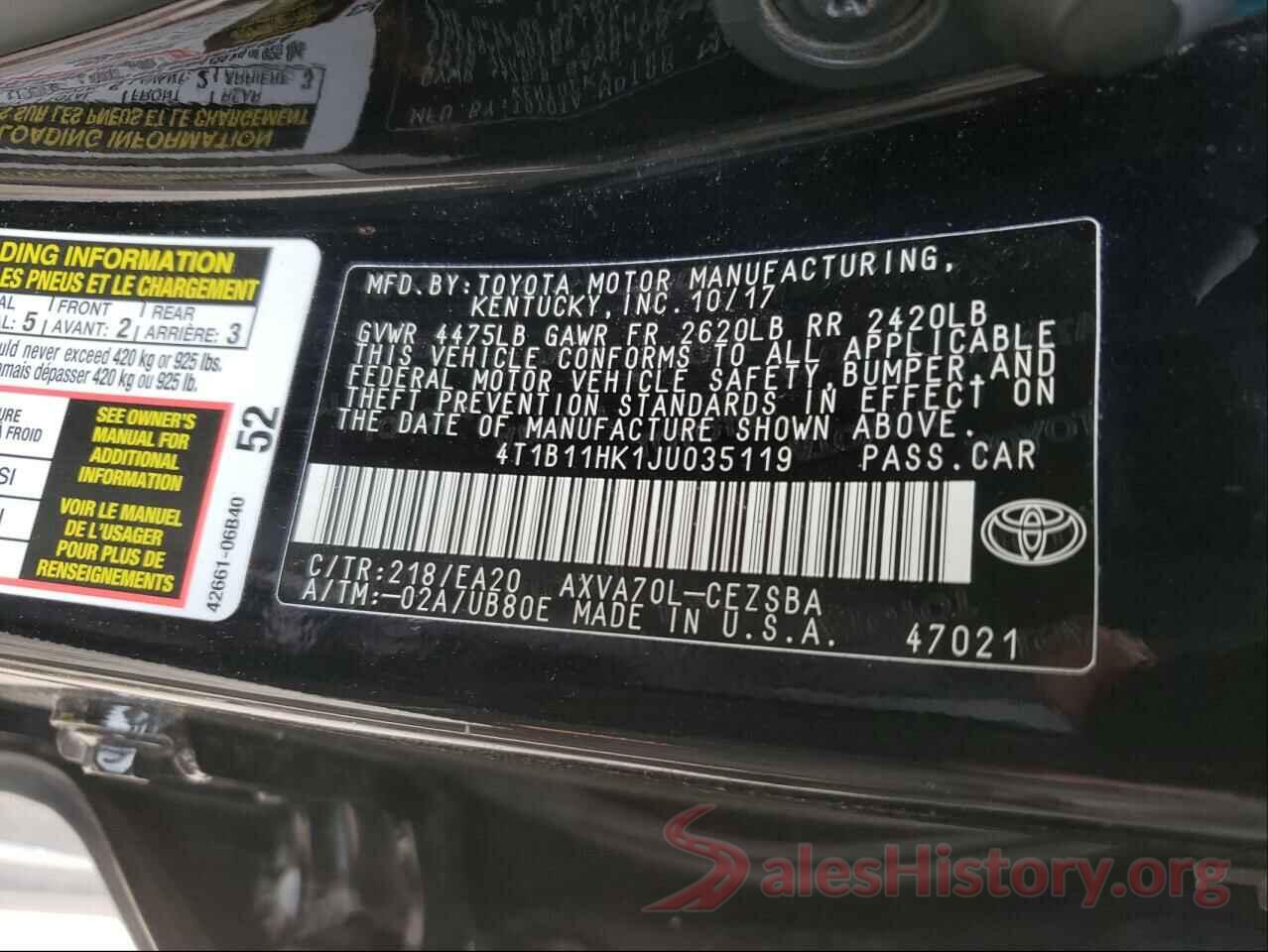 4T1B11HK1JU035119 2018 TOYOTA CAMRY