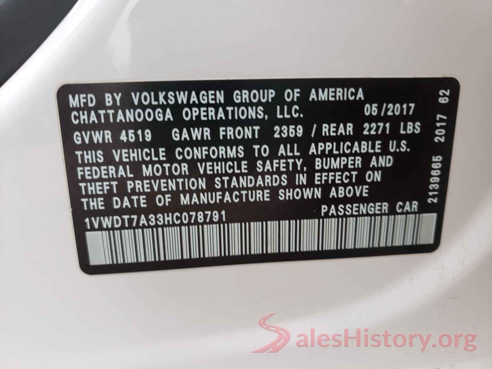 1VWDT7A33HC078791 2017 VOLKSWAGEN PASSAT