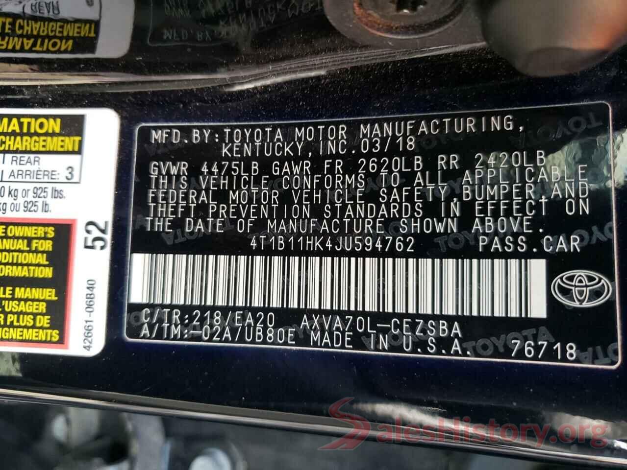 4T1B11HK4JU594762 2018 TOYOTA CAMRY