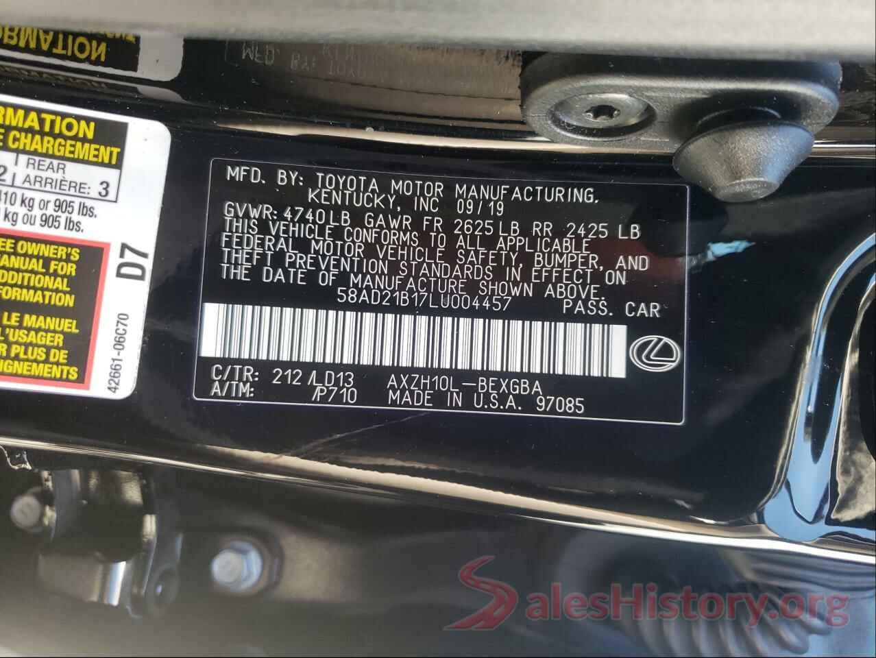 58AD21B17LU004457 2020 LEXUS ES300