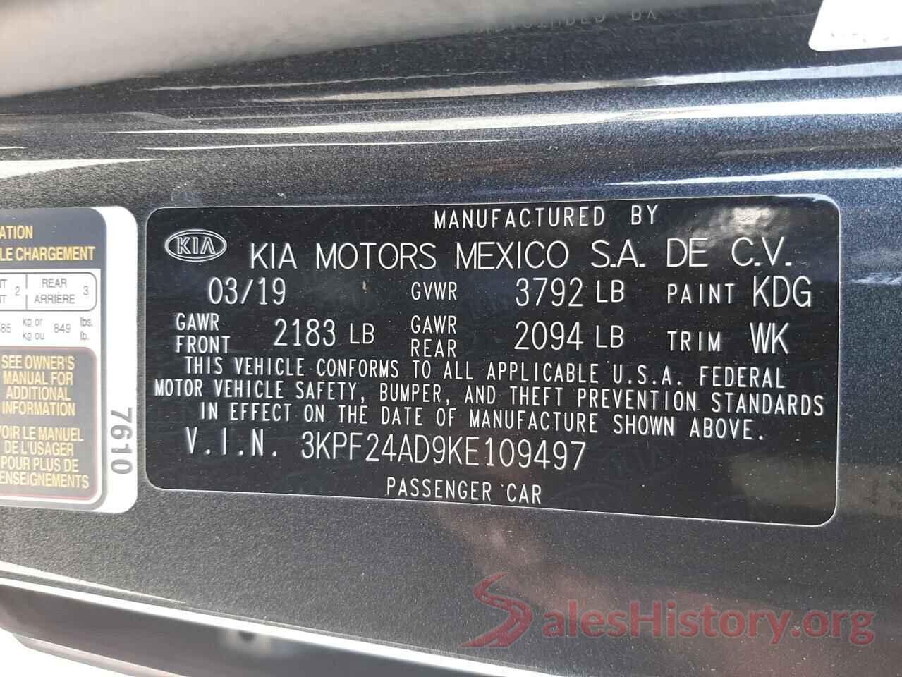 3KPF24AD9KE109497 2019 KIA FORTE