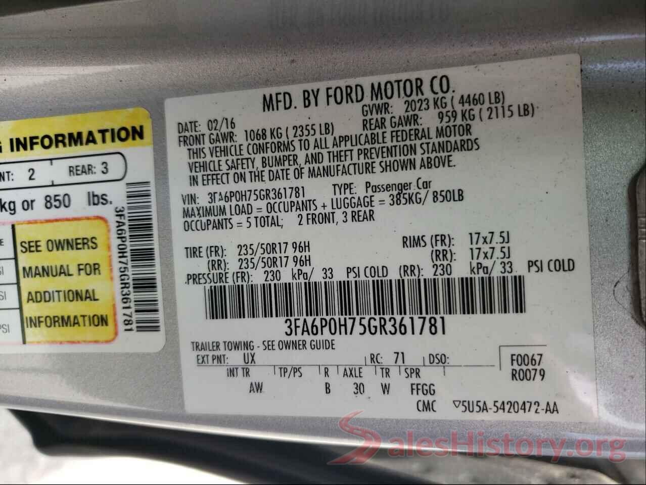 3FA6P0H75GR361781 2016 FORD FUSION