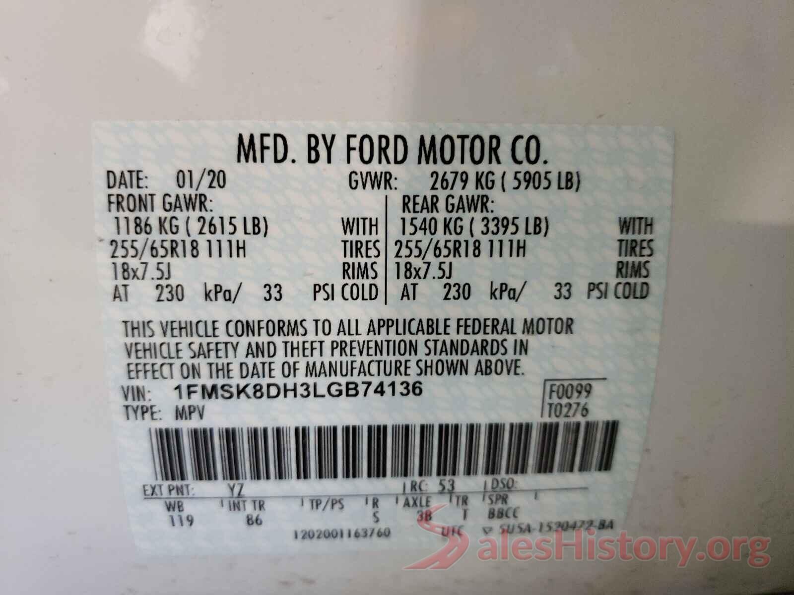 1FMSK8DH3LGB74136 2020 FORD EXPLORER