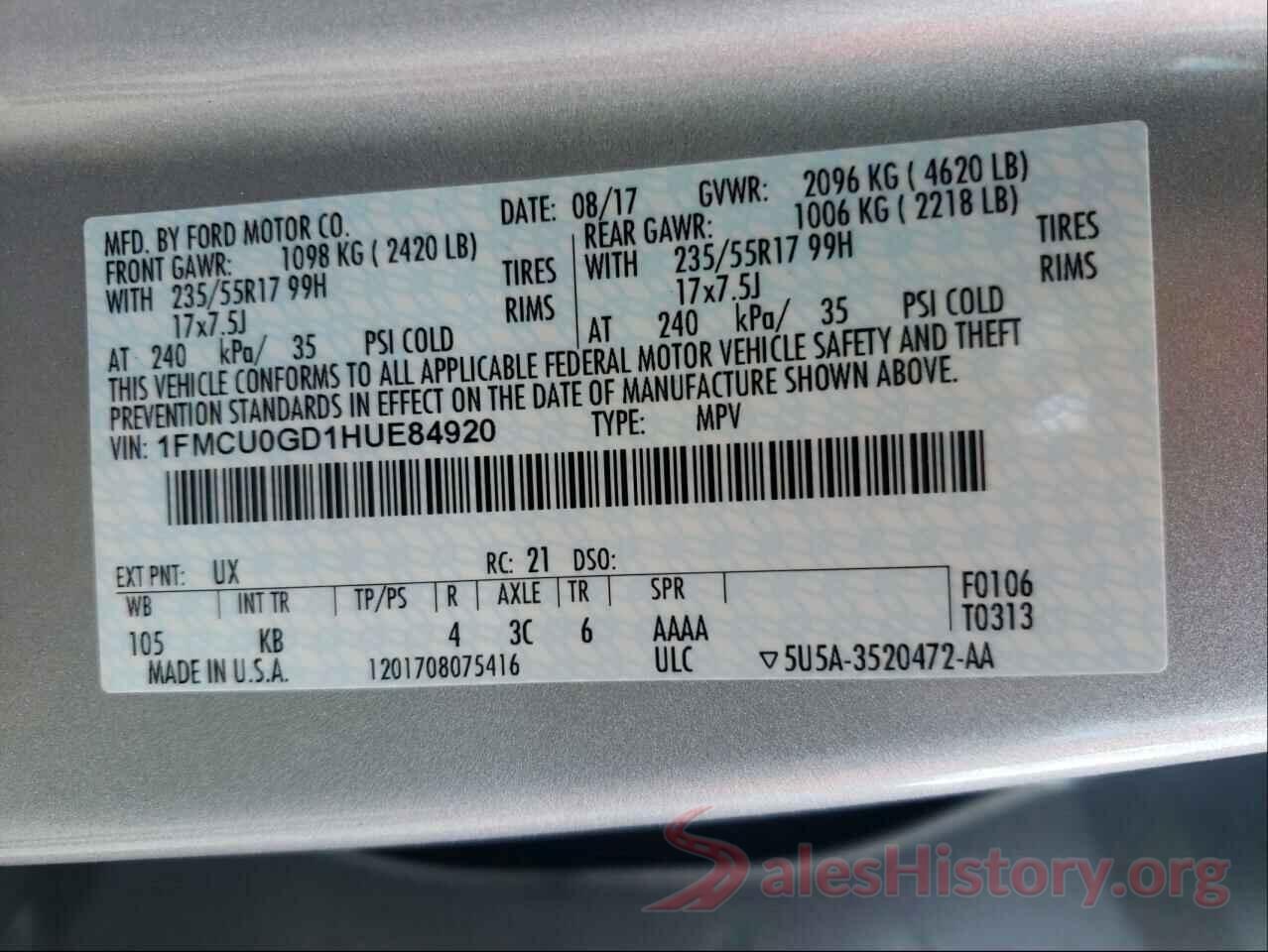 1FMCU0GD1HUE84920 2017 FORD ESCAPE