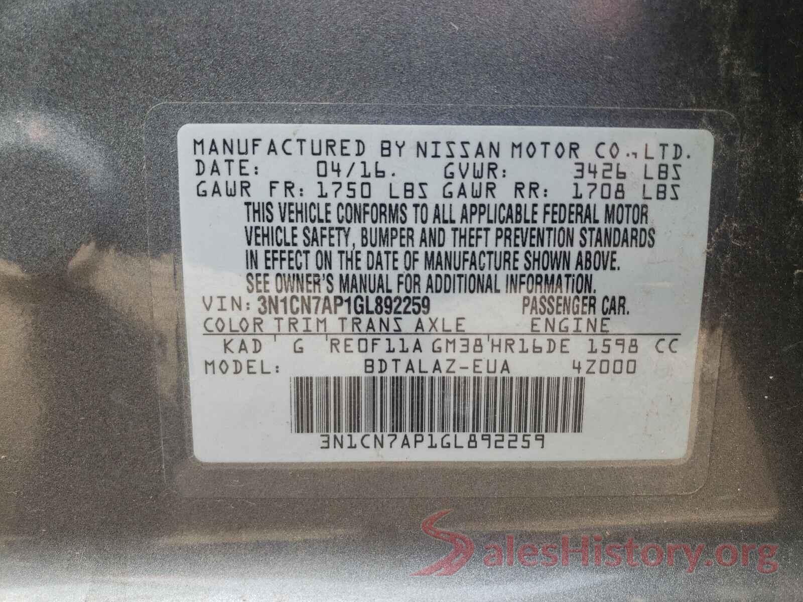 3N1CN7AP1GL892259 2016 NISSAN VERSA