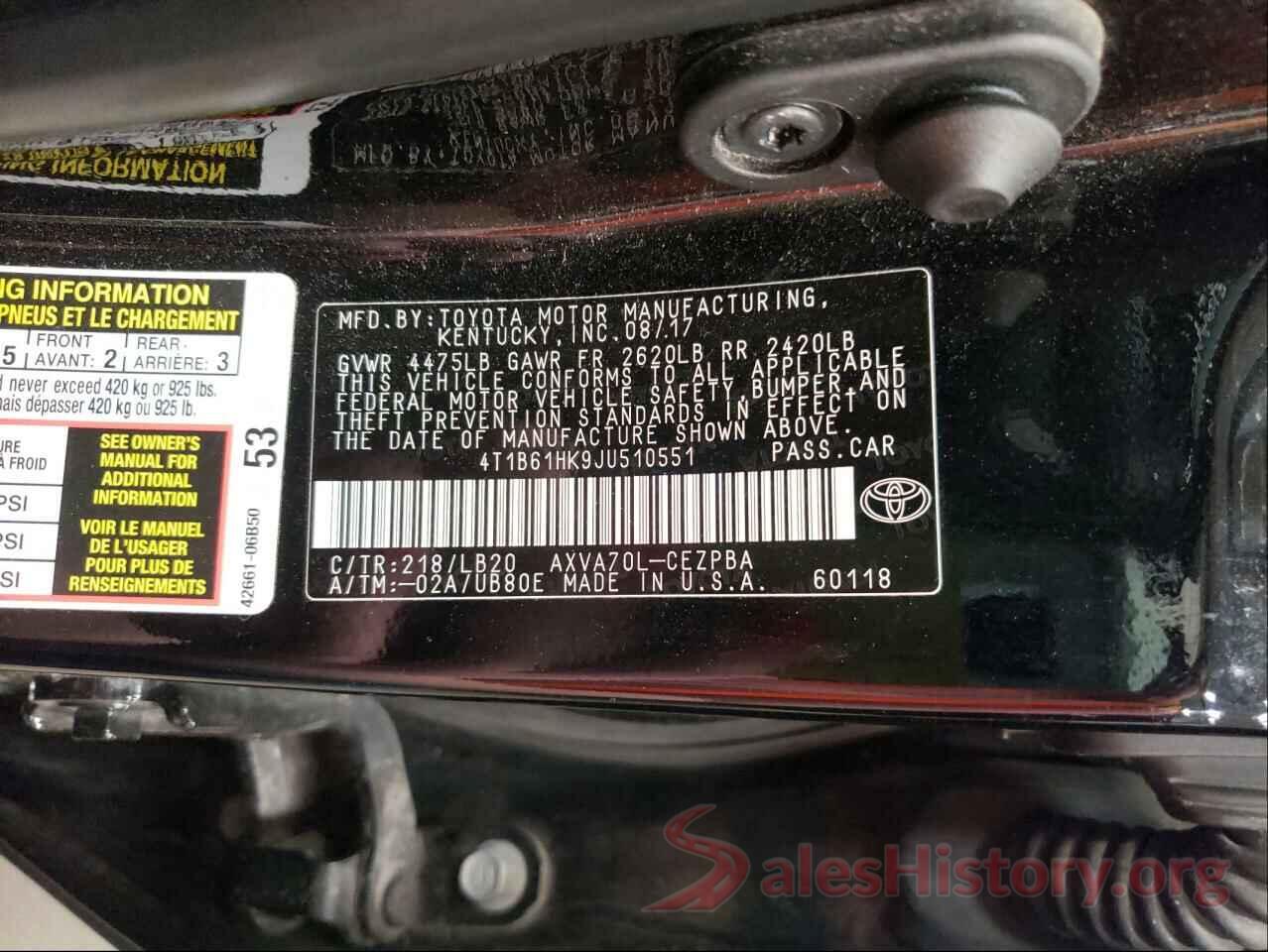 4T1B61HK9JU510551 2018 TOYOTA CAMRY