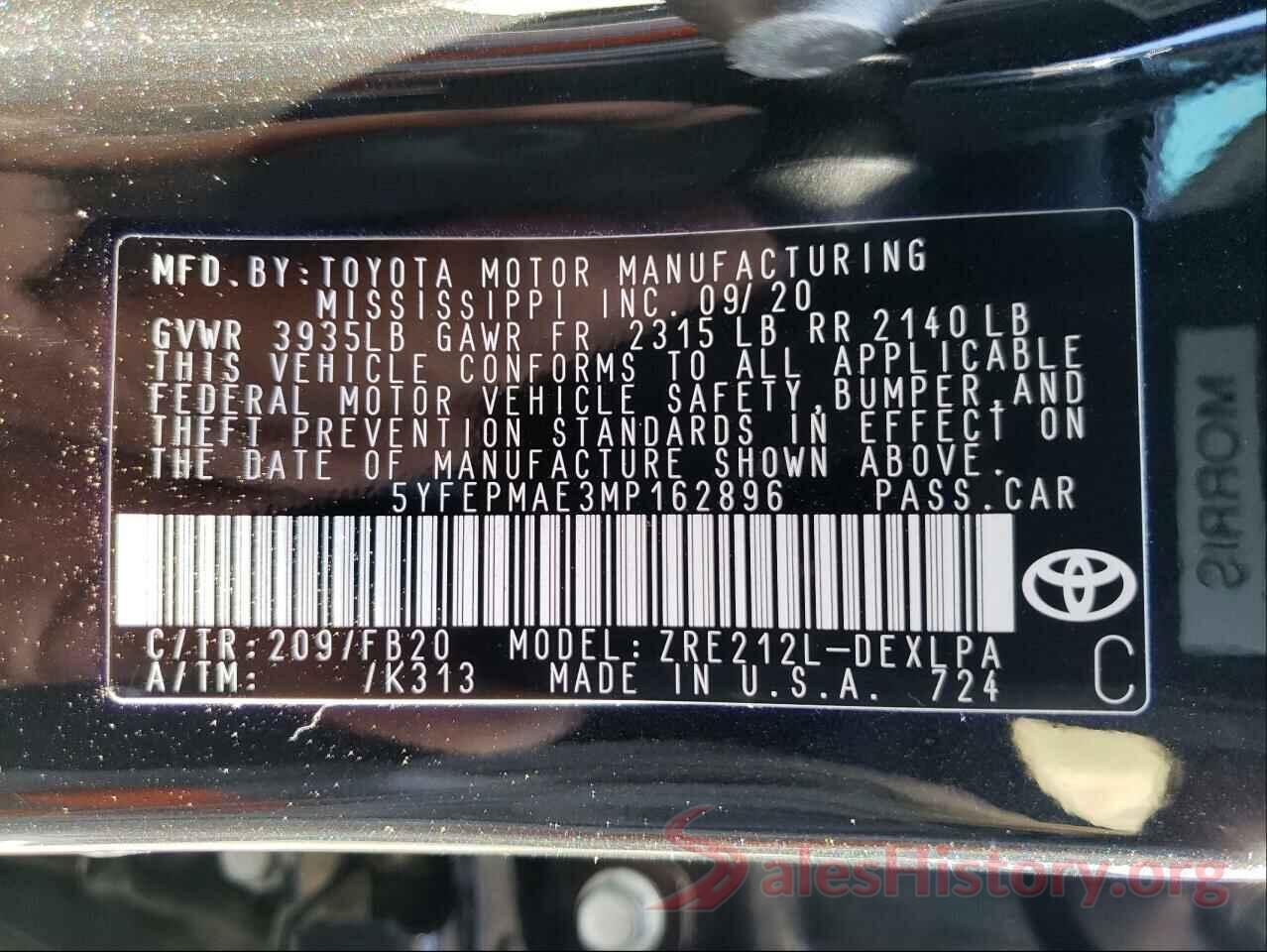 5YFEPMAE3MP162896 2021 TOYOTA COROLLA