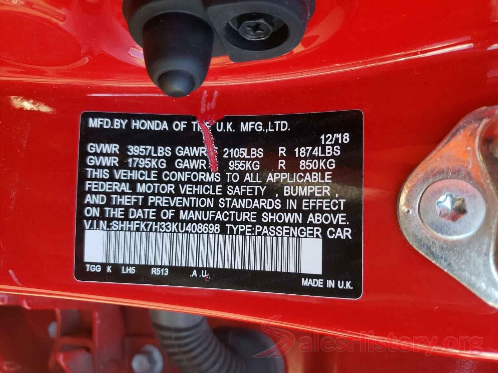 SHHFK7H33KU408698 2019 HONDA CIVIC