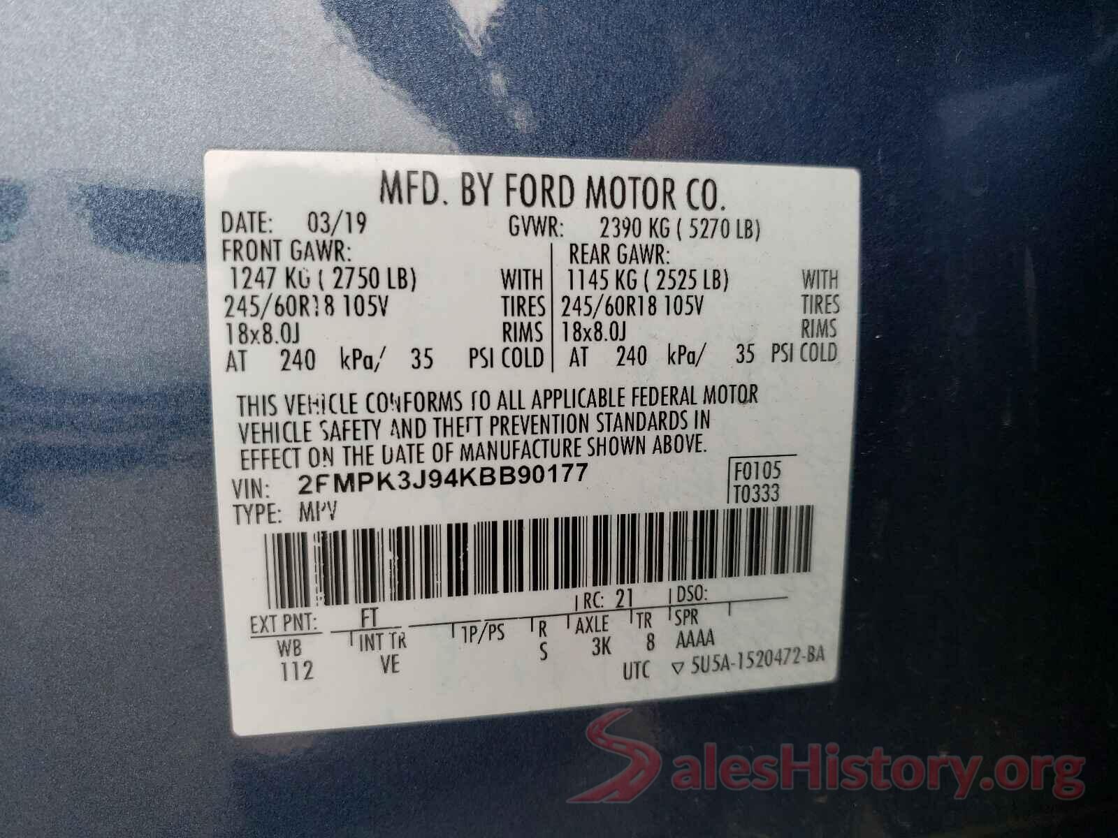 2FMPK3J94KBB90177 2019 FORD EDGE