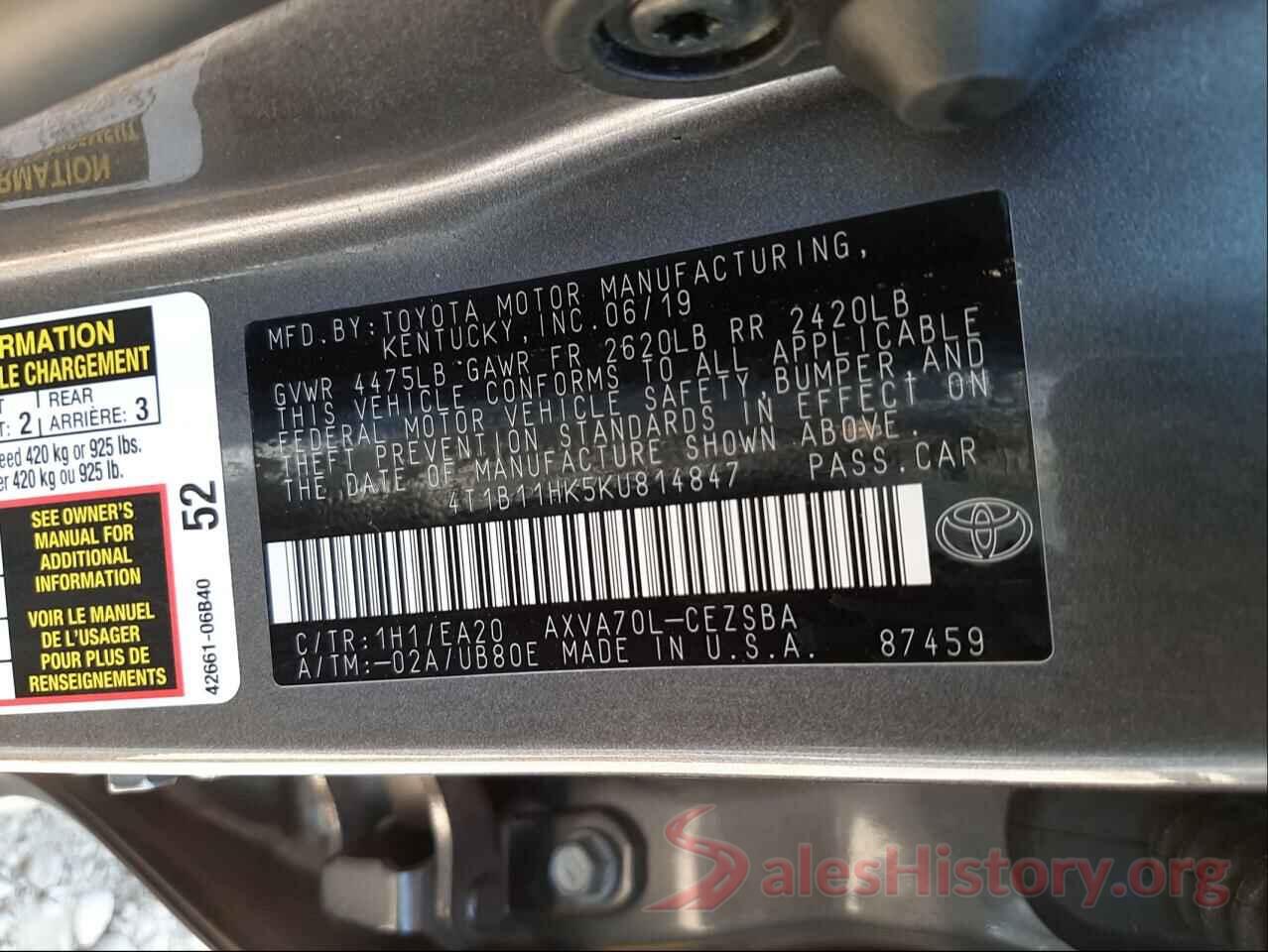 4T1B11HK5KU814847 2019 TOYOTA CAMRY