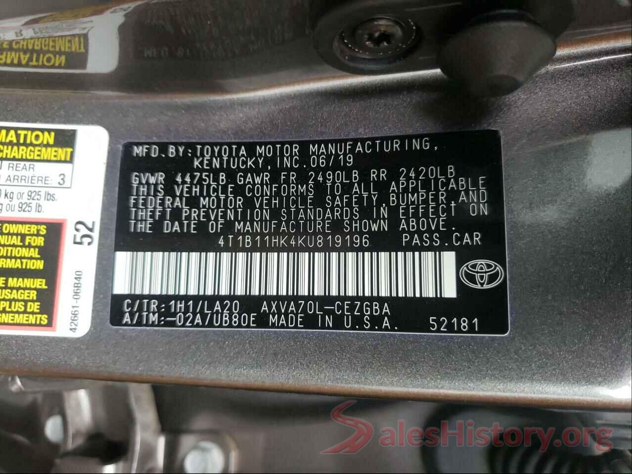 4T1B11HK4KU819196 2019 TOYOTA CAMRY