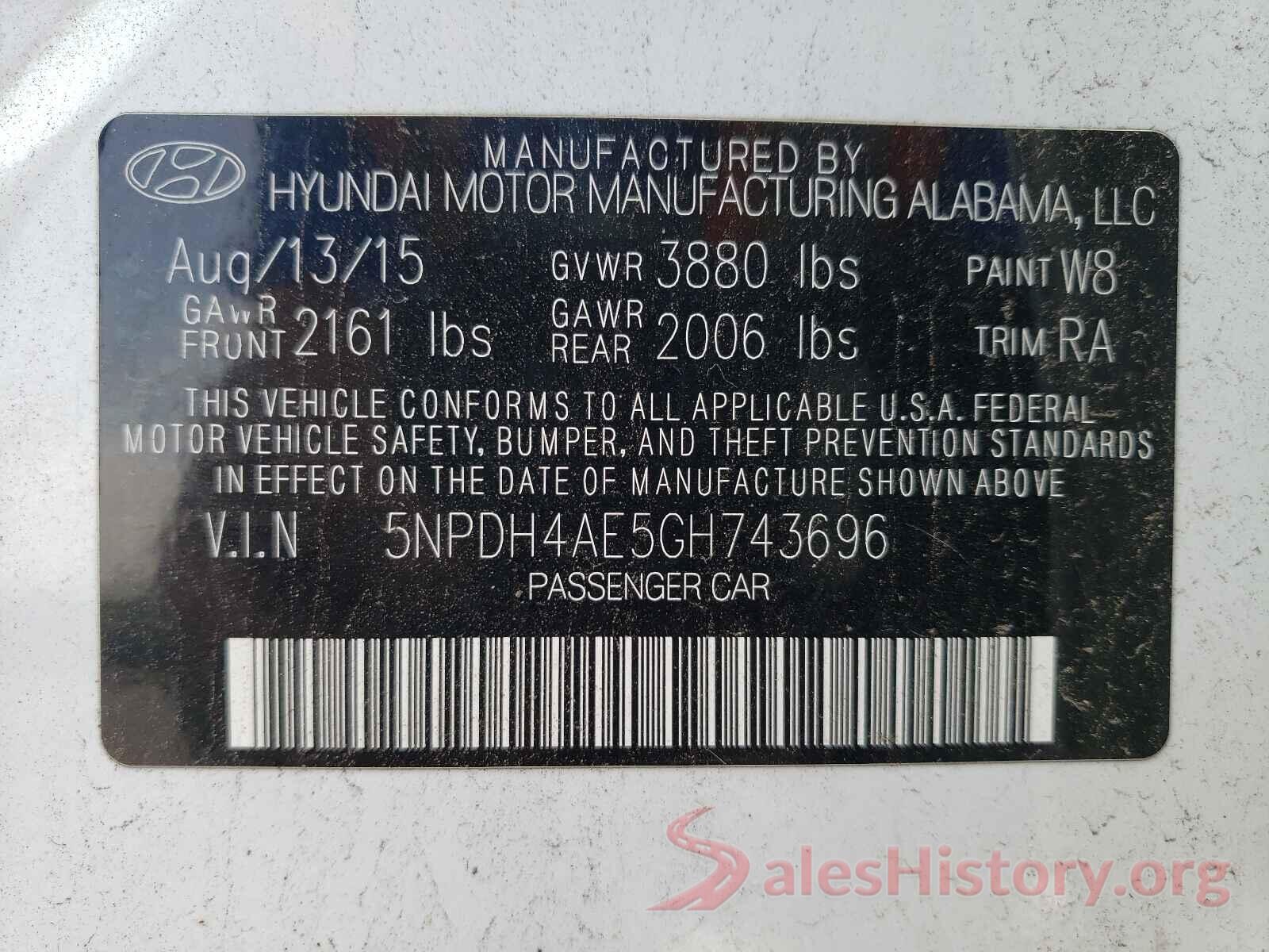 5NPDH4AE5GH743696 2016 HYUNDAI ELANTRA