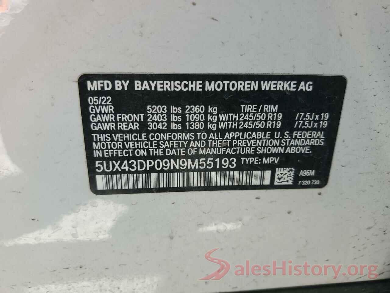 5UX43DP09N9M55193 2022 BMW X3