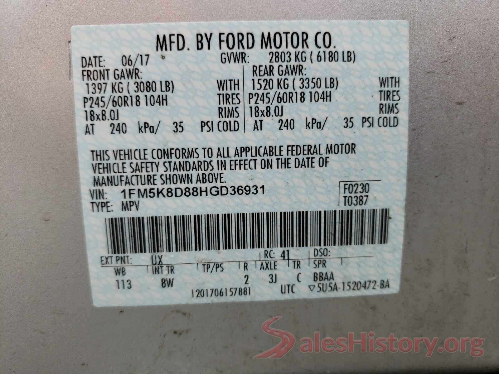 1FM5K8D88HGD36931 2017 FORD EXPLORER