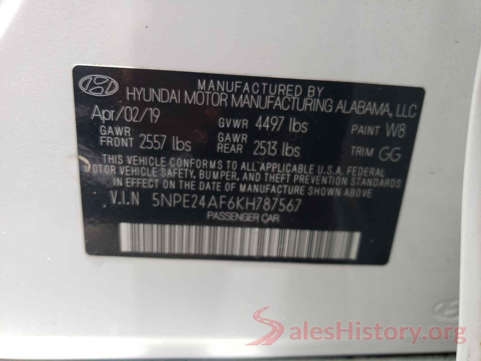 5NPE24AF6KH787567 2019 HYUNDAI SONATA