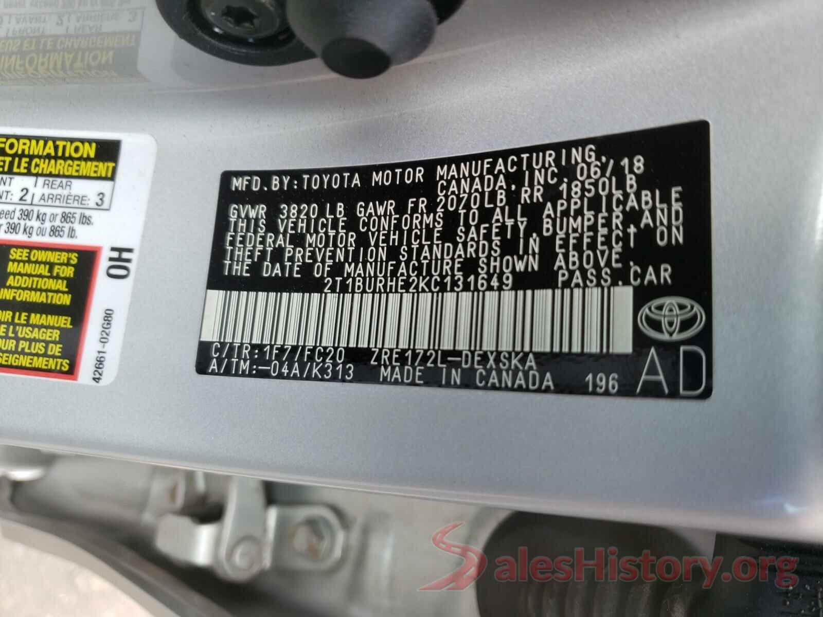 2T1BURHE2KC131649 2019 TOYOTA COROLLA