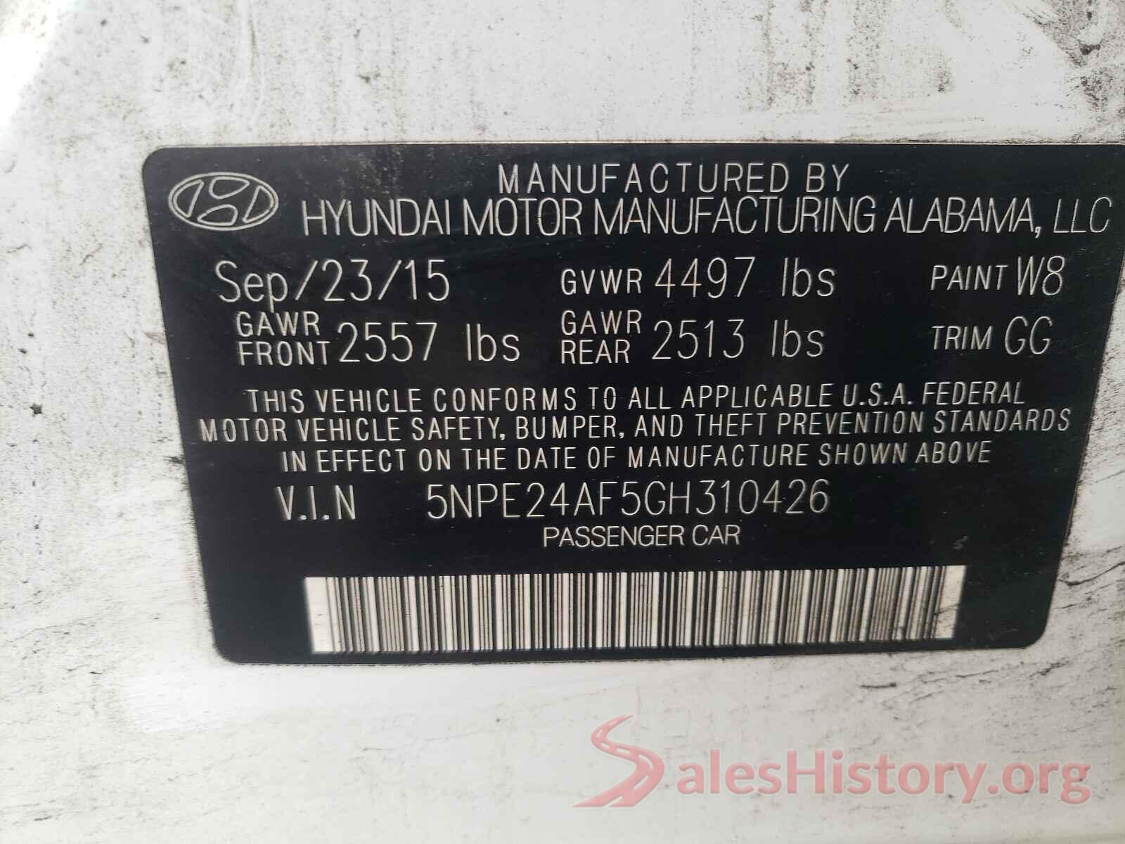 5NPE24AF5GH310426 2016 HYUNDAI SONATA