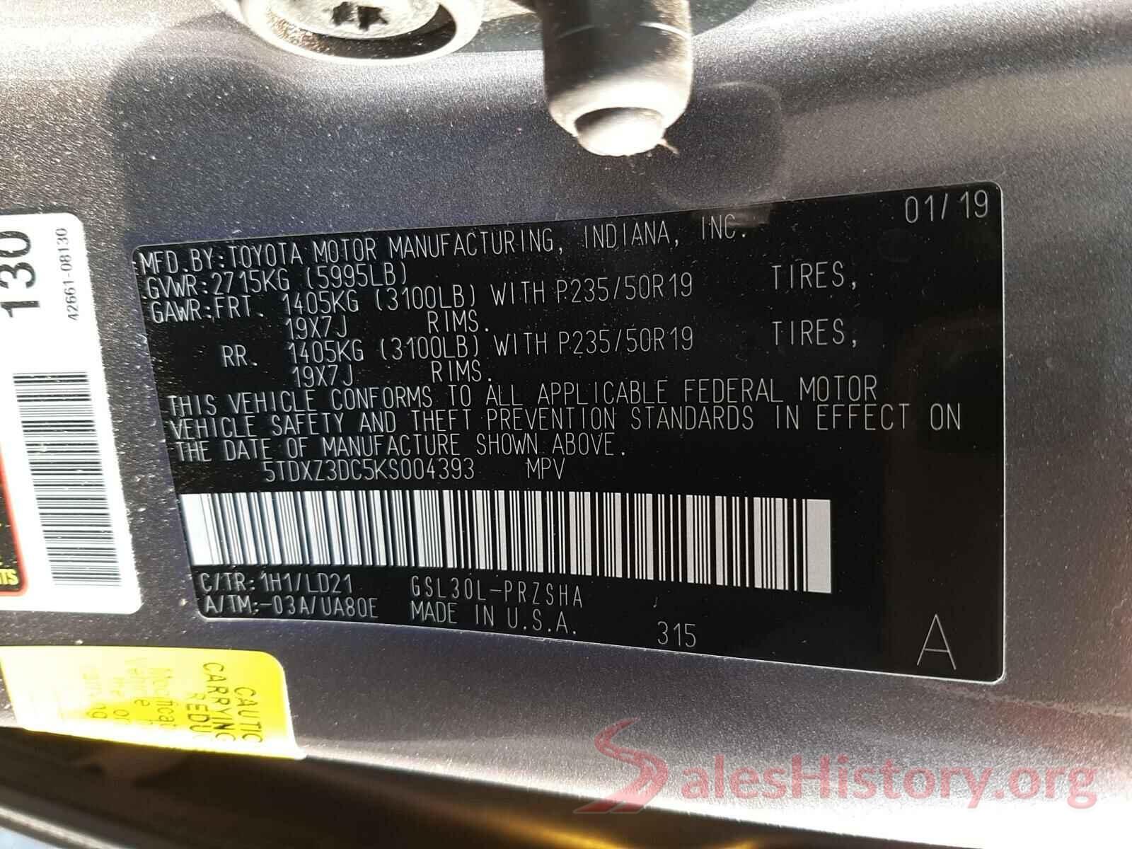 5TDXZ3DC5KS004393 2019 TOYOTA SIENNA