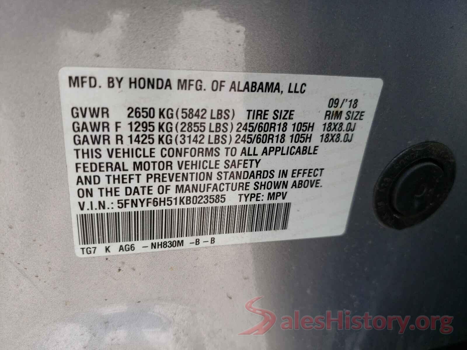 5FNYF6H51KB023585 2019 HONDA PILOT