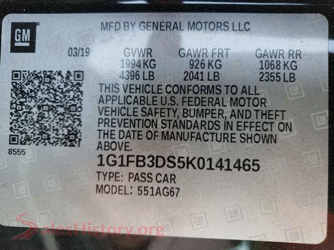 2019 CHEVROLET CAMARO VIN 1G1FB3DS5K0141465, odometer mileage