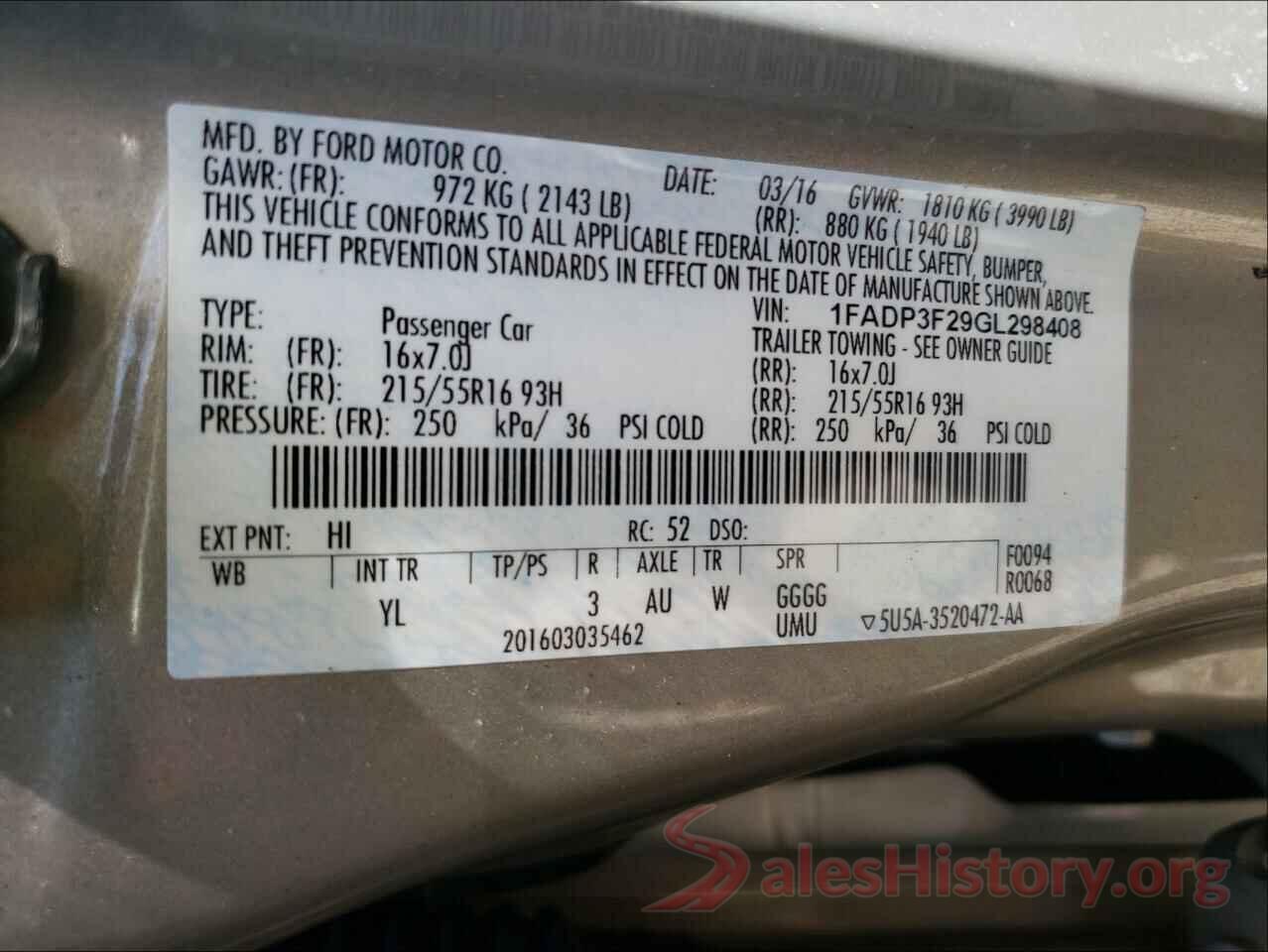 1FADP3F29GL298408 2016 FORD FOCUS