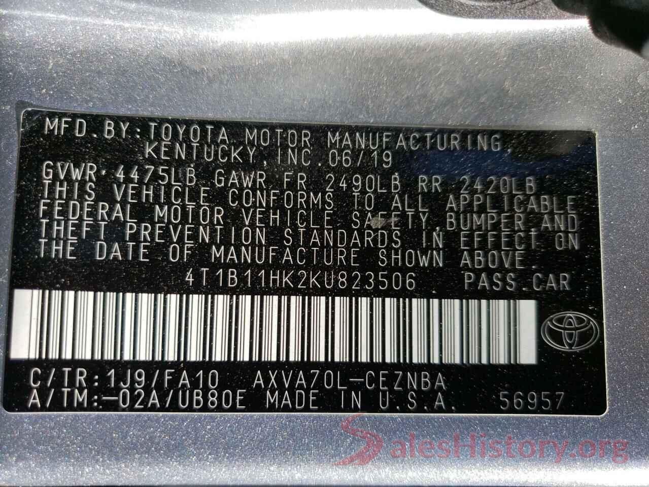 4T1B11HK2KU823506 2019 TOYOTA CAMRY