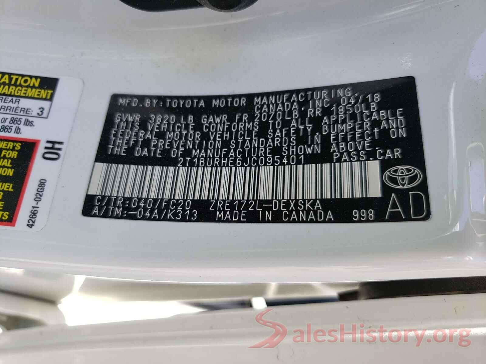 2T1BURHE6JC095401 2018 TOYOTA COROLLA