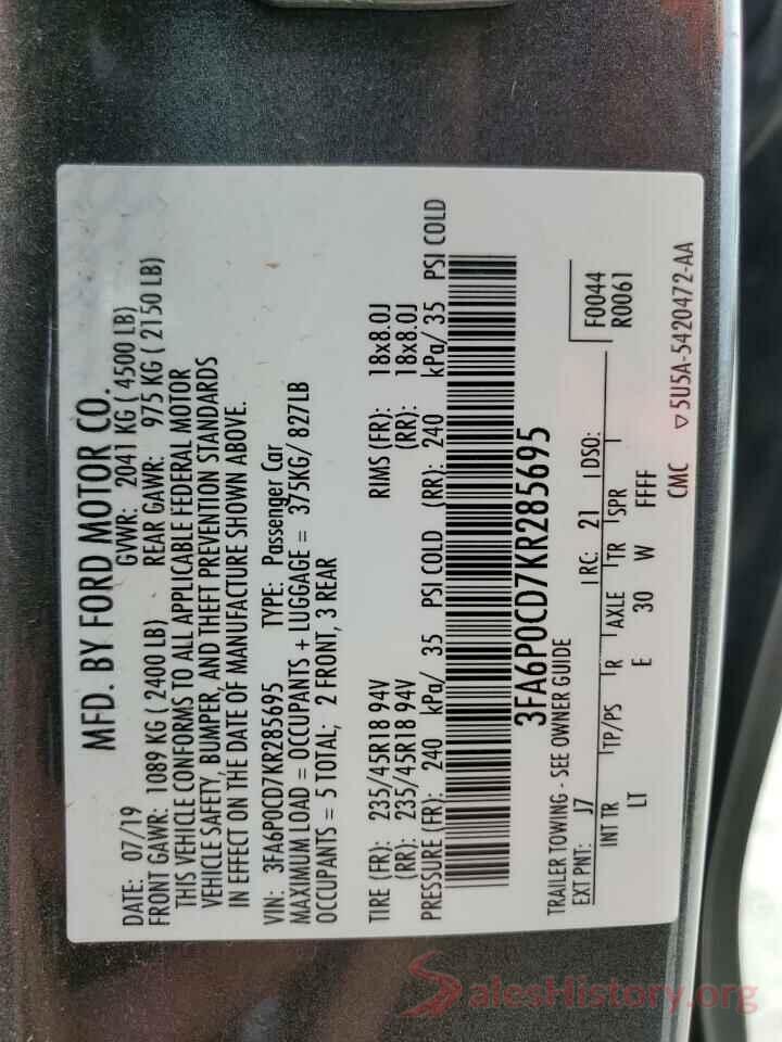 3FA6P0CD7KR285695 2019 FORD FUSION