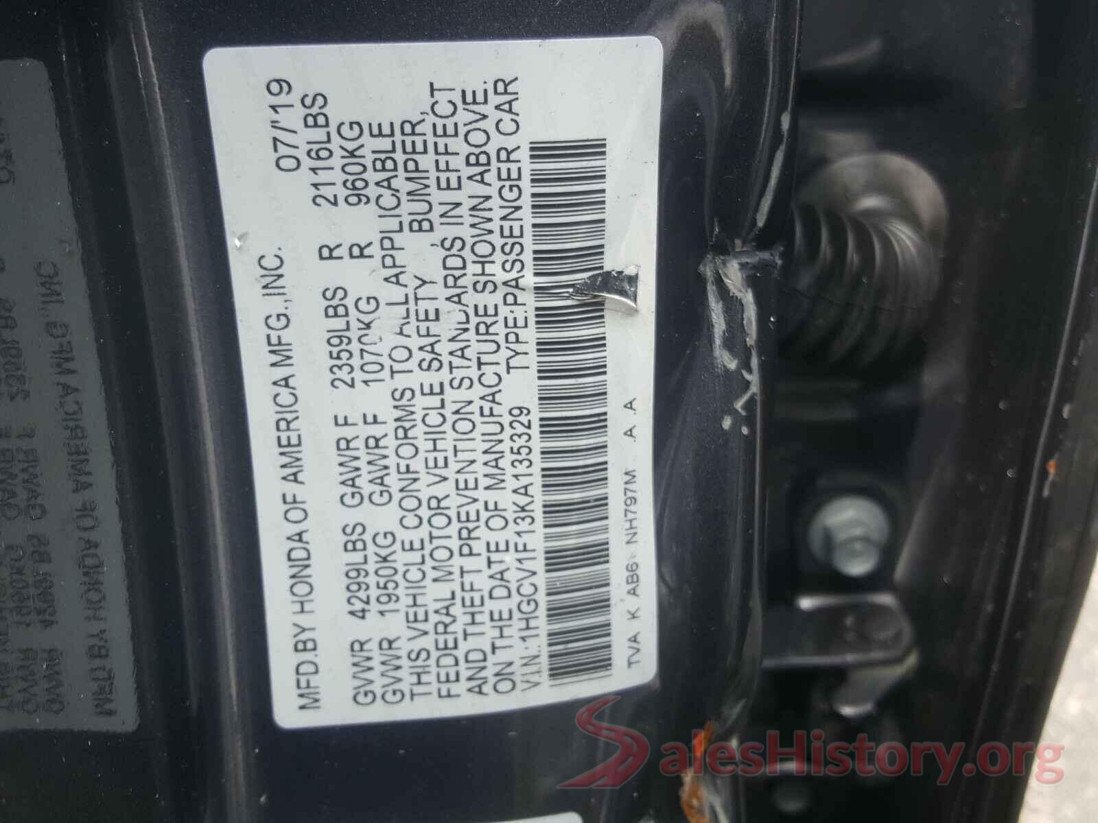 1HGCV1F13KA135329 2019 HONDA ACCORD