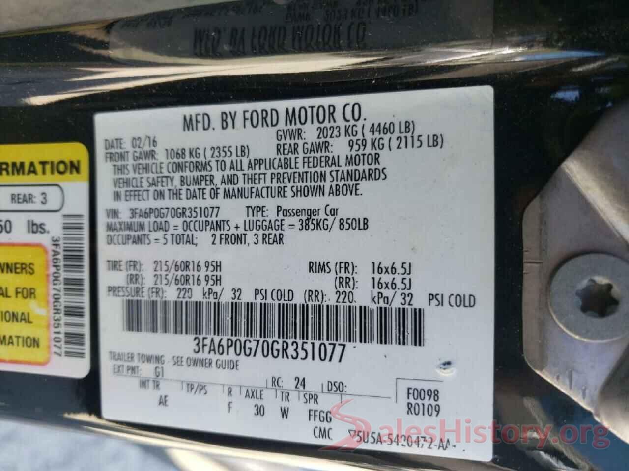 3FA6P0G70GR351077 2016 FORD FUSION