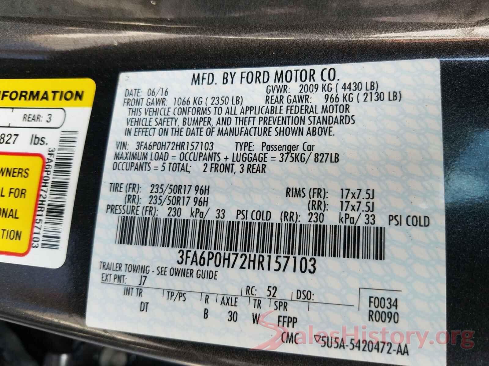 3FA6P0H72HR157103 2017 FORD FUSION