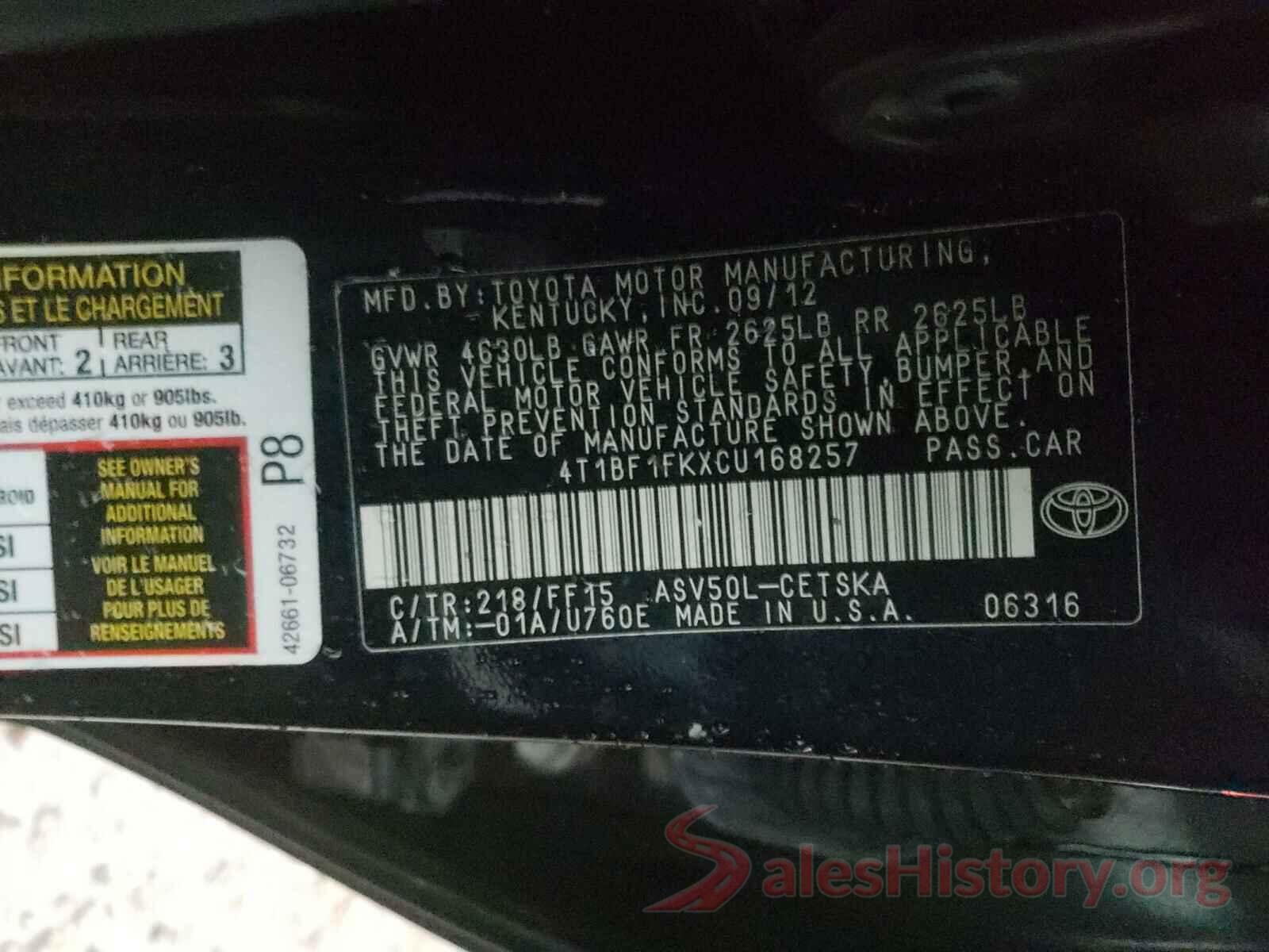 4T1BF1FKXCU168257 2012 TOYOTA CAMRY