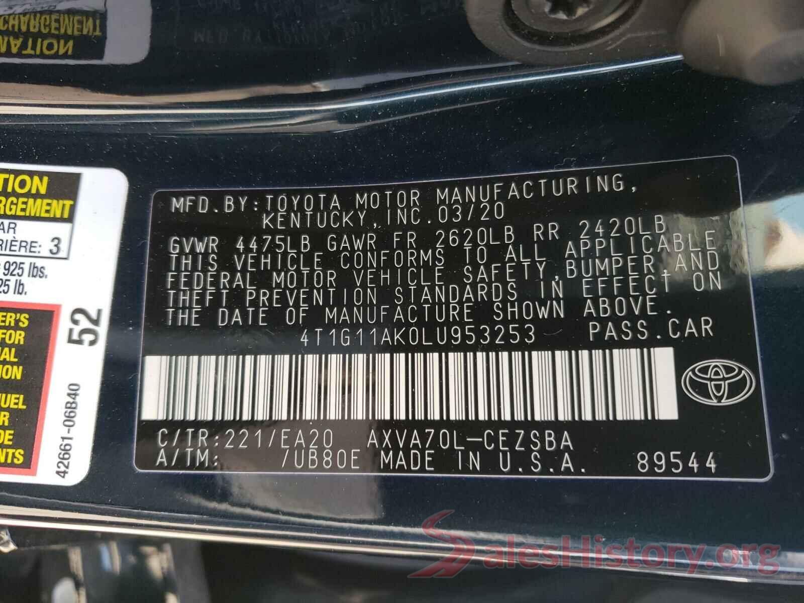 4T1G11AK0LU953253 2020 TOYOTA CAMRY