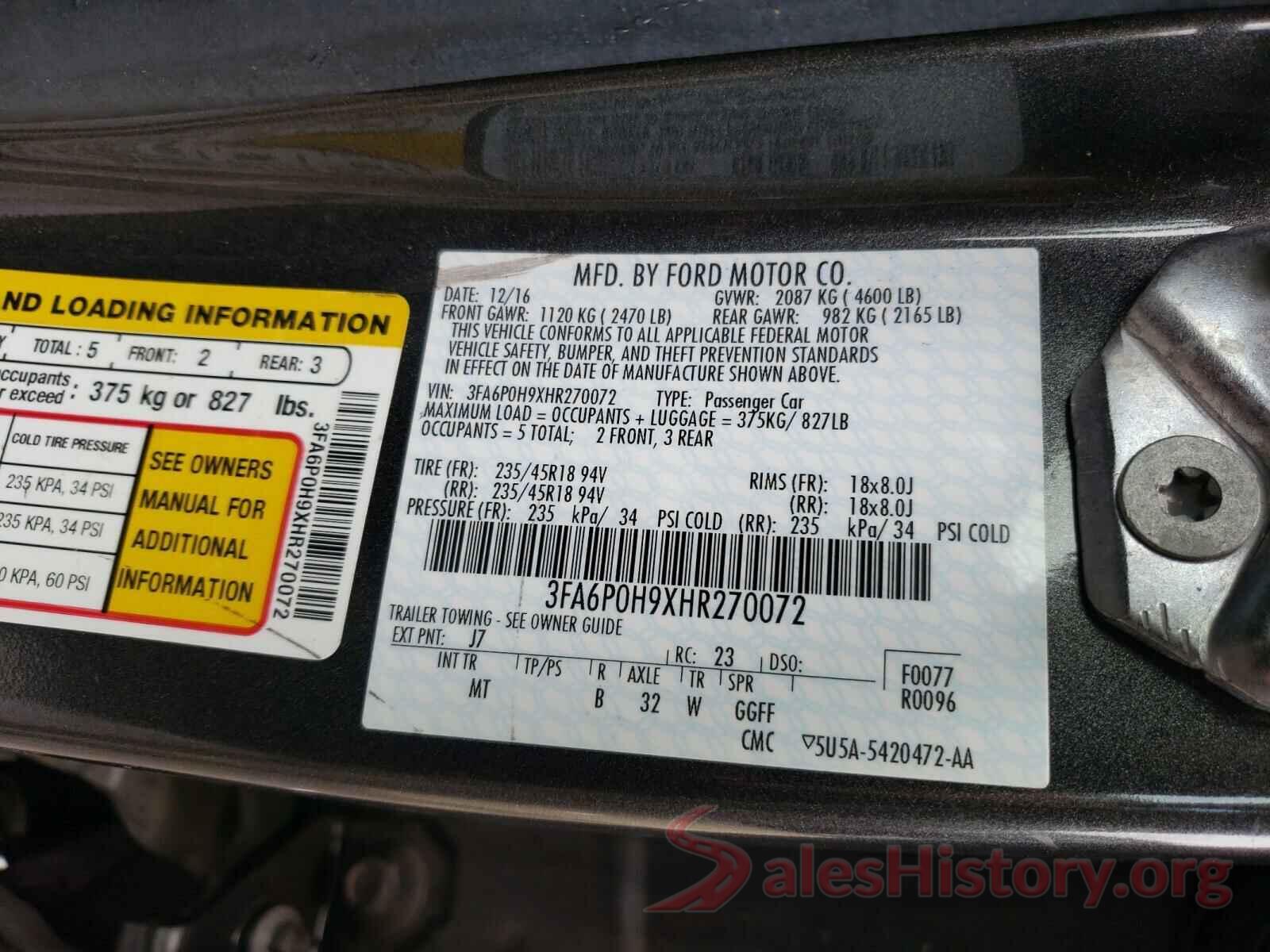 3FA6P0H9XHR270072 2017 FORD FUSION